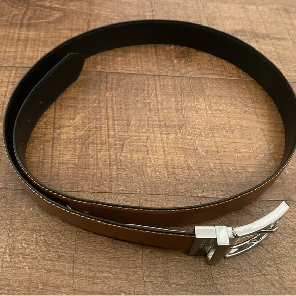 Steve Madden Brown Leather Belt Silver Buckle Reversible Black Men’s L 38/40 NWT - Picture 3 of 10